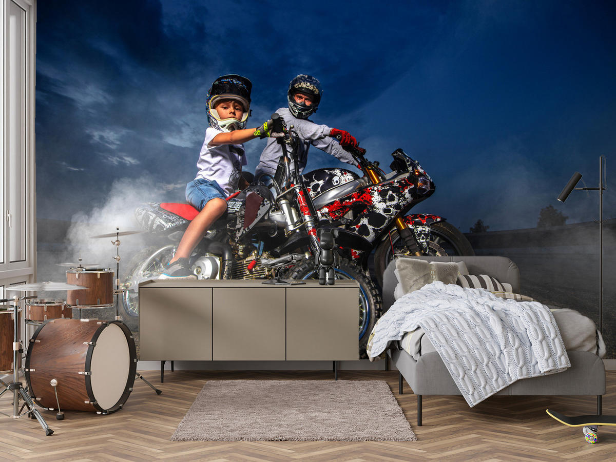 FOTOTAPETE für Schlafzimmer Vater Sohn Motorräder Action 450x315 - Rot/Schwarz, Papier (450/315cm) - Muralo