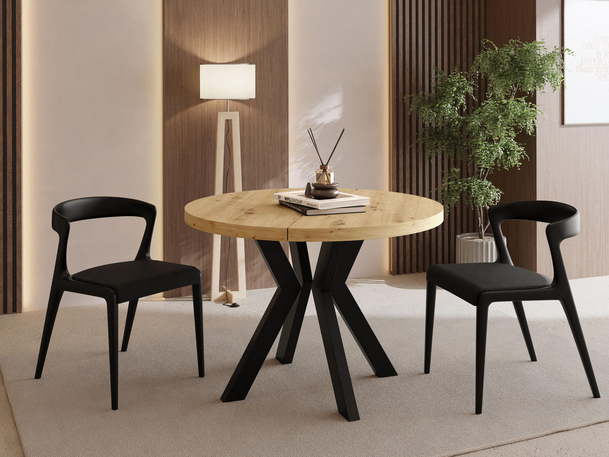 ESSTISCH Savio rund ausziehbar verlängerbar XXL, Eiche Artisan Hellbraun 100-300/100/77 cm - Schwarz/Eiche Artisan, Holz/Holzwerkstoff (100/100/77cm) - WFL GROUP