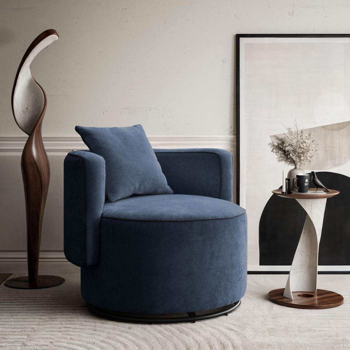 DREHSESSEL Dolce dunkelblau velour - Schwarz/Dunkelblau, Textil (90/83/90cm) - Beautysofa