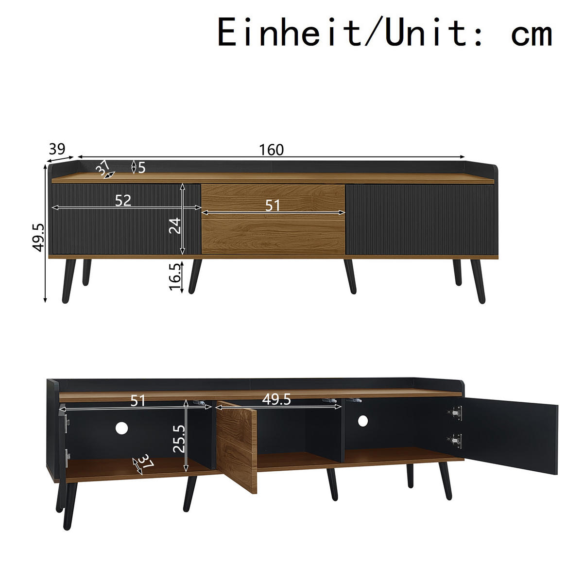 TV-SCHRANK 160/39/49,5 cm schwarz und natur E1 MDF mit dreitürigem Design - Schwarz, Holzwerkstoff (160/49.5/39cm) - OKWISH
