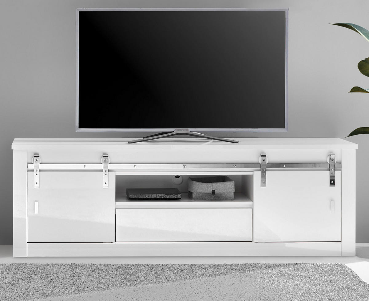 TV-LOWBOARD weiß Hochglanz 201 x 66 cm, TV Unterteil in Komforthöhe mit Soft-Close - Chromfarben/Weiß Hochglanz, Holzwerkstoff/Kunststoff (201/66/43cm) - Furn.Design