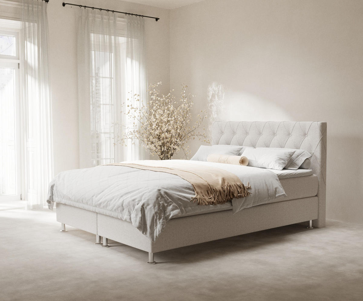 BOXSPRINGBETT Otus Hellbeige 140/200 cm mit Latex-Topper - Beige/Silberfarben, Holz/Holzwerkstoff (140/200cm) - Maison de Reve