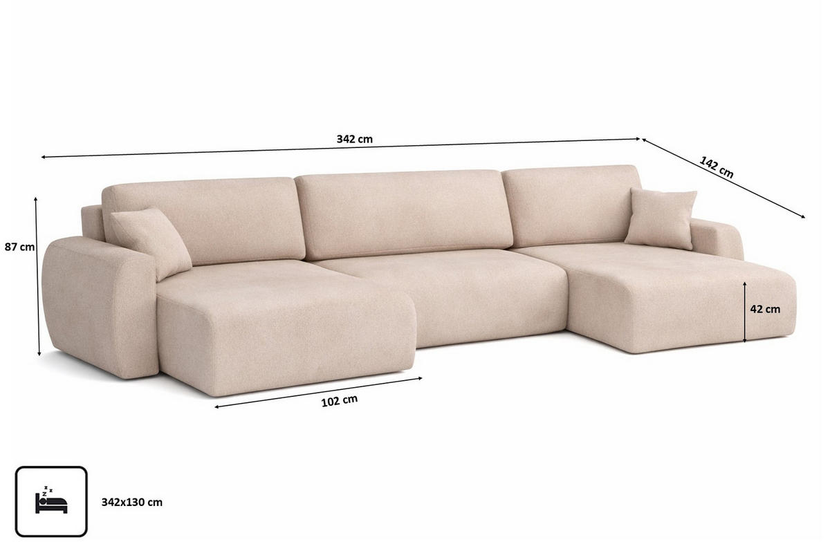 ECKSOFA Mit Schlaffunktion Und Bettkasten U-Form Ariel U, Veloursstoff Salvador, Beige - Beige, Holz (342/142cm) - Kaiser Möbel