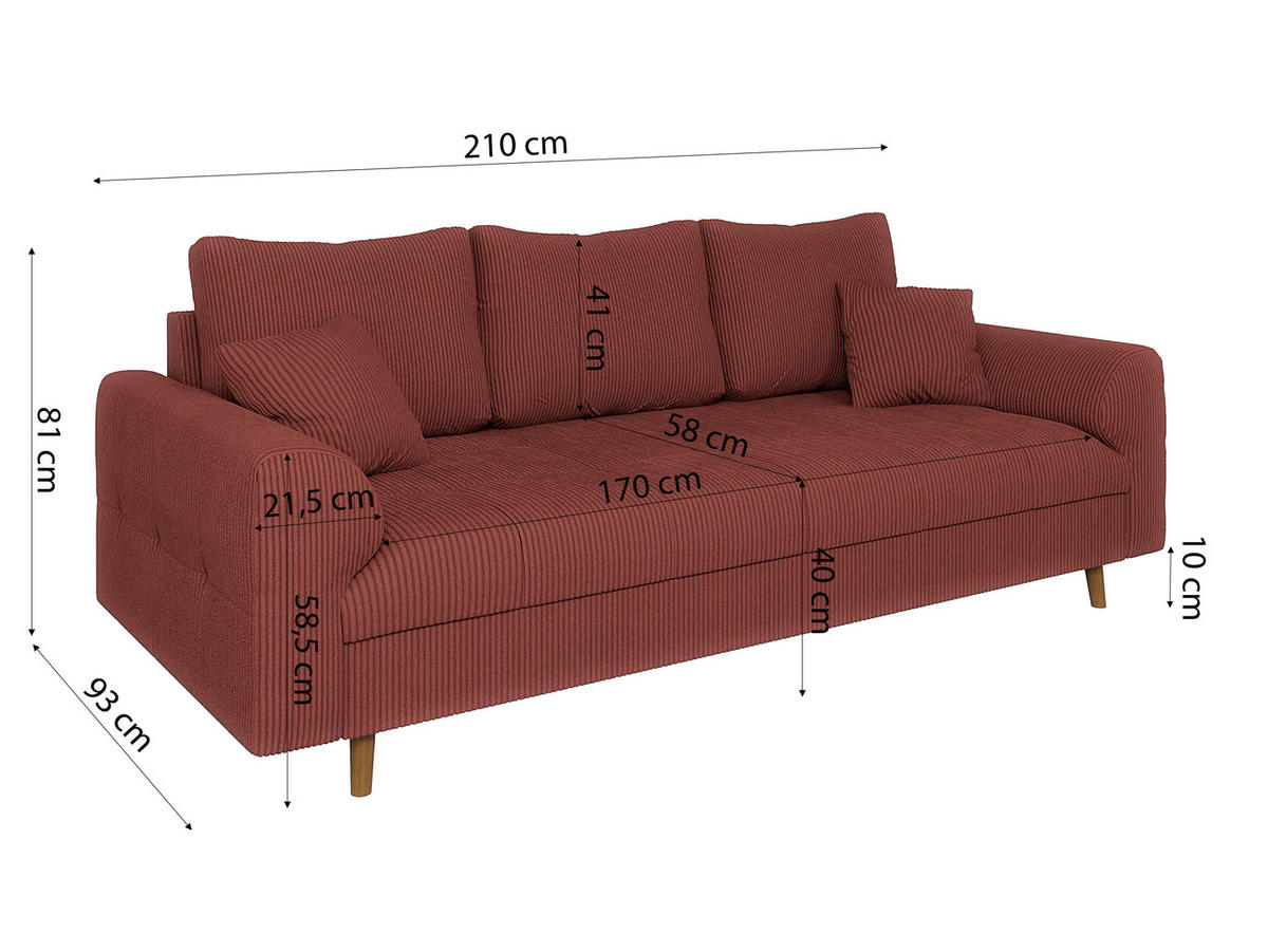 3-SITZER-SOFA Alma Terrakotta Cord - Terra cotta/Braun, Holz/Textil (210/81/93cm) - S-Style Möbel