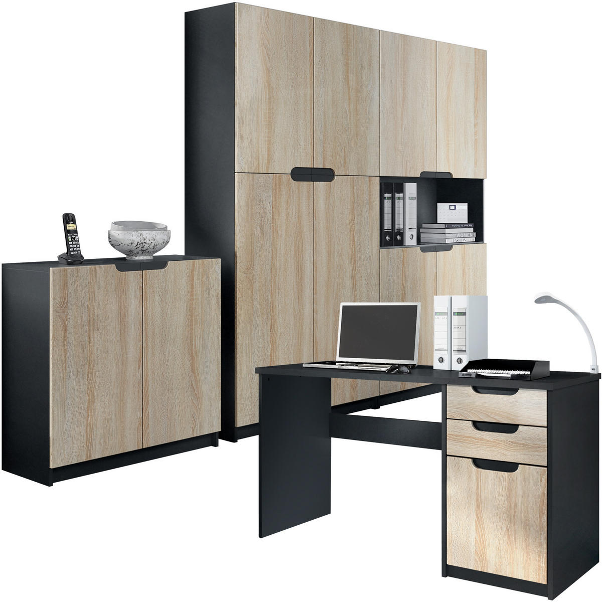 BÜROMÖBELSET Logan Fronten in Eiche sägerau - Eiche San Remo, Holzwerkstoff (246/185/60cm) - Vladon