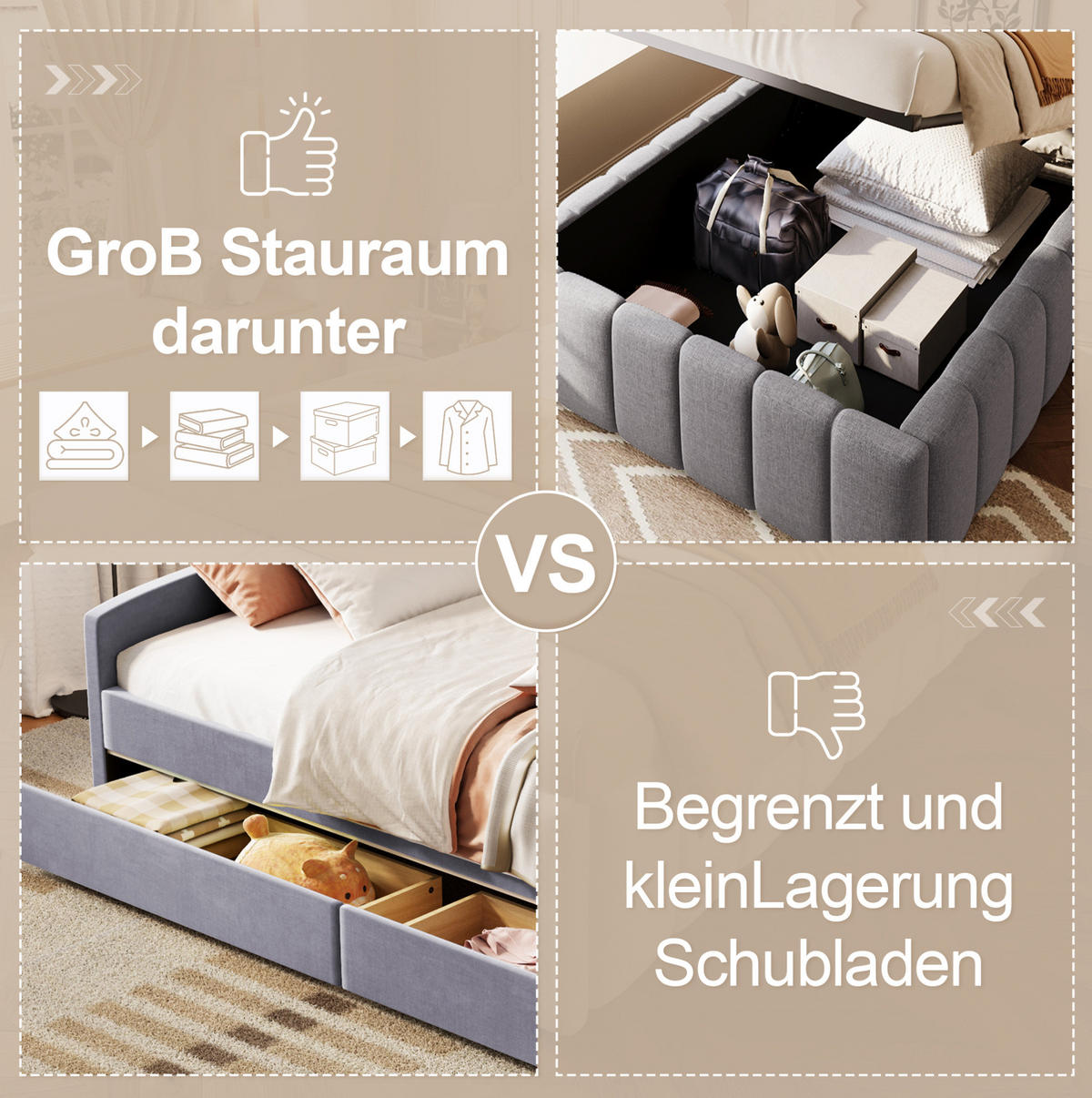 POLSTERBETT 90/200 cm Grau aus Leinen mit hydraulischem Stauraum ohne Kopfteil - Grau, Textil (90/200cm) - OKWISH