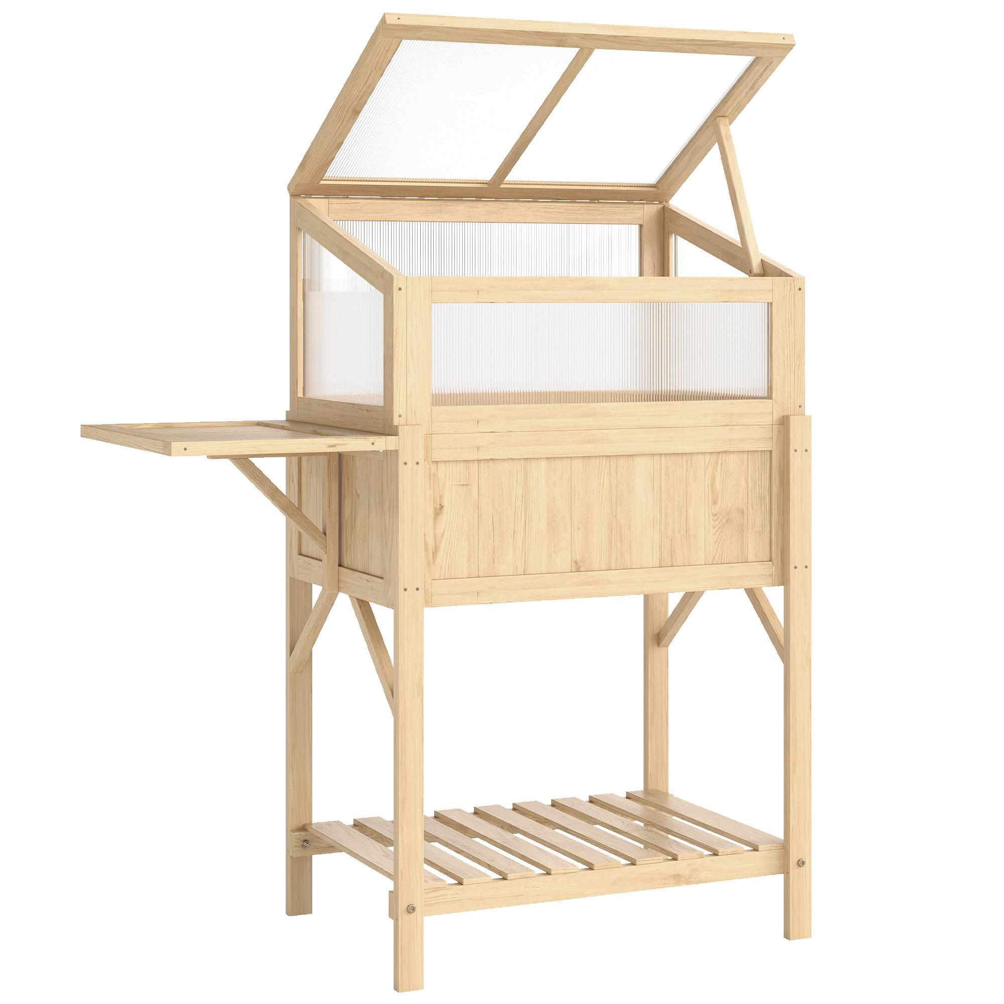 HOCHBEET mit Frühbeetaufsatz aus Holz Pflanzkasten mit Gewächshaus Seitentisch - Naturfarben, Holz (50/120/104cm) - Outsunny