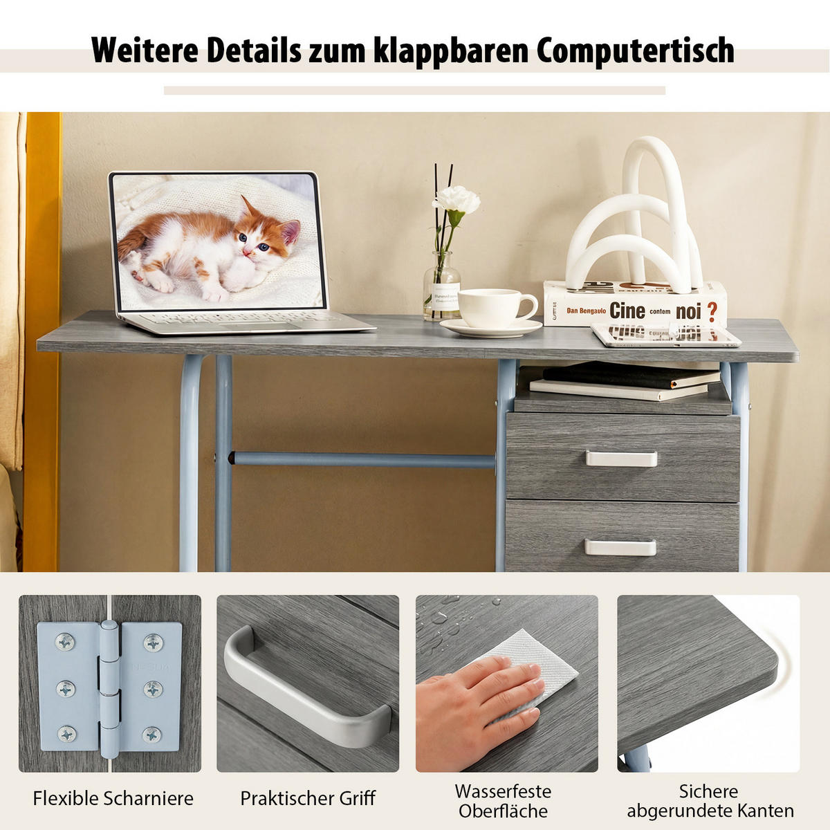 COMPUTERTISCH Grau - Grau, Holzwerkstoff (50/105/74cm) - COSTWAY