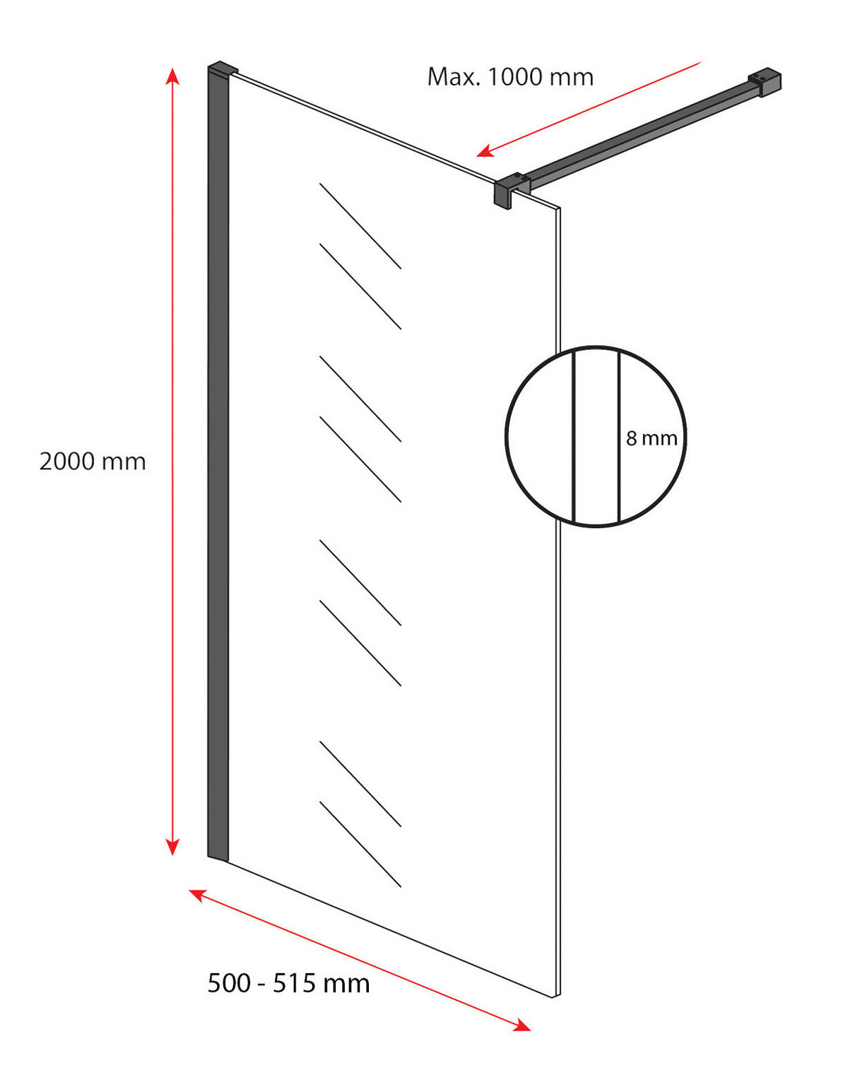 DUSCHWAND Florida - 50 x 200 cm - Schwarz - Walk-In Duschabtrennung aus Sicherheitsglas - Schwarz, Glas (50/200cm) - Badplaats