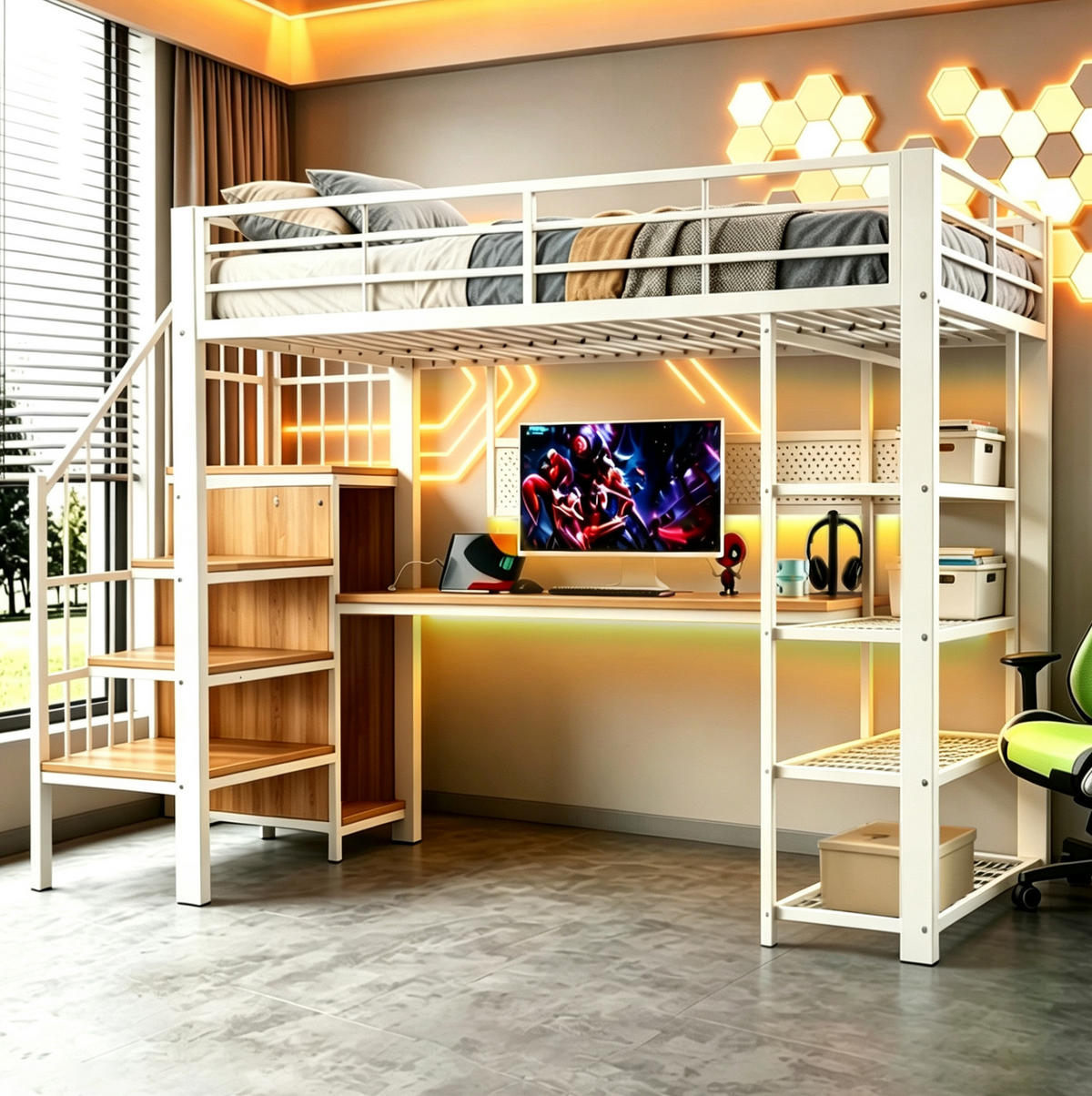 HOCHBETT 90/200 cm aus Metall und Holz mit Staumtreppe und Schreibtisch Weiß - Weiß, Metall (90/200cm) - Modenvie