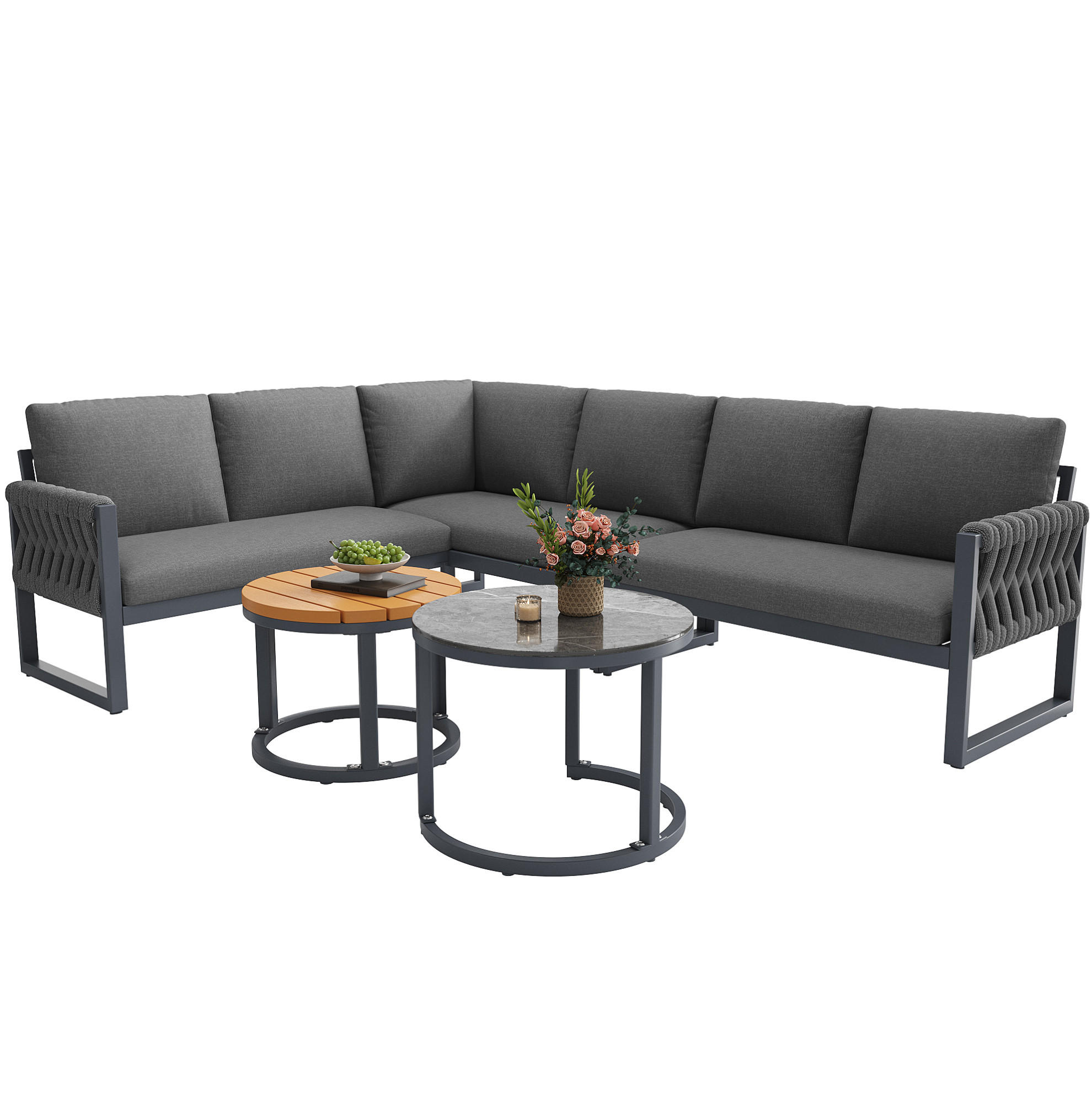 OKWISH ZAHRADNÍ sedací souprava 123/68/86 cm šedá z olefinu a kovu modulární se 2 stolky