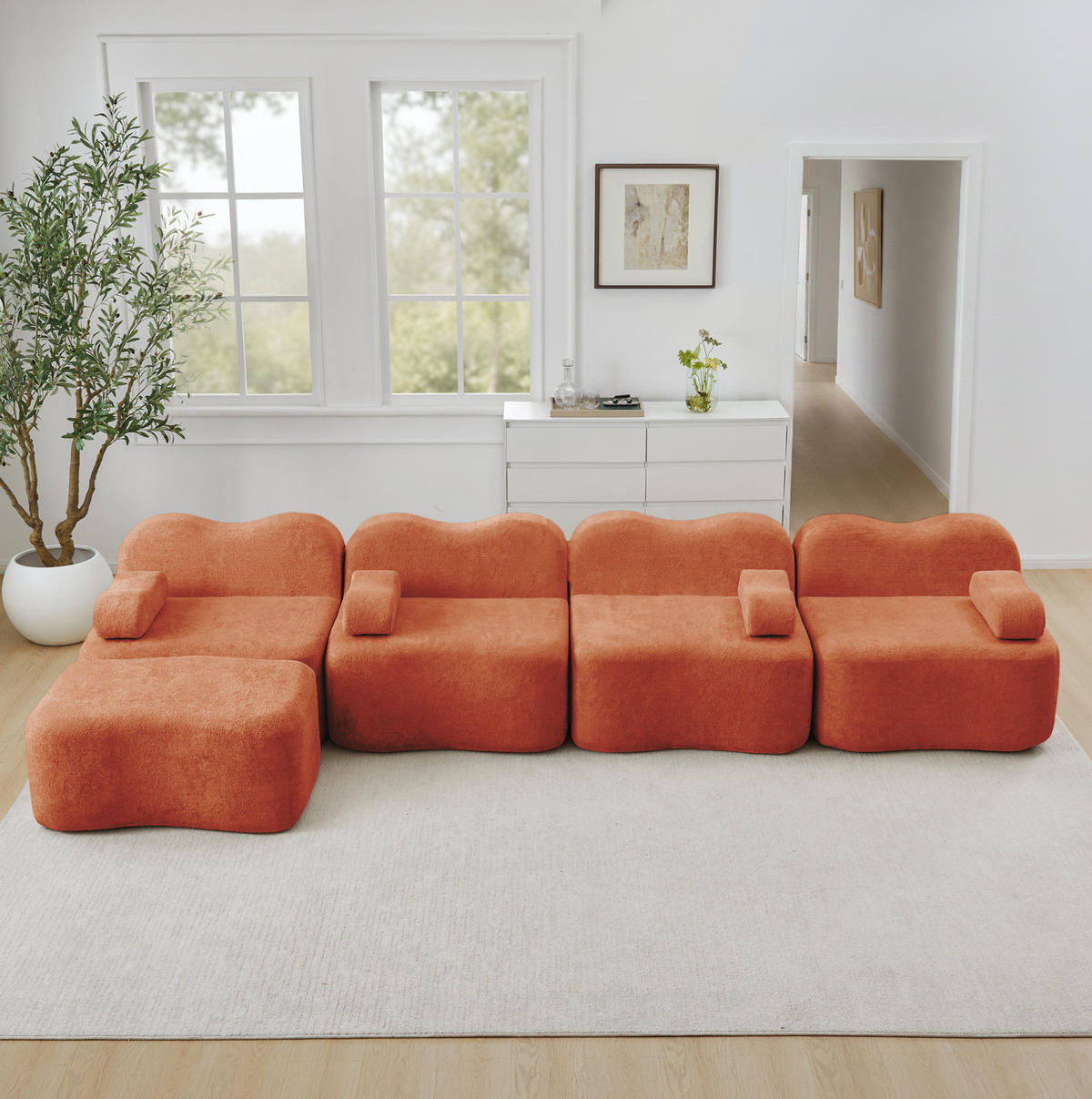 SOFA modular L-Form 4-Sitzer Samt Orange mit Hocker - Orange, Textil (167/384cm) - Meubliv