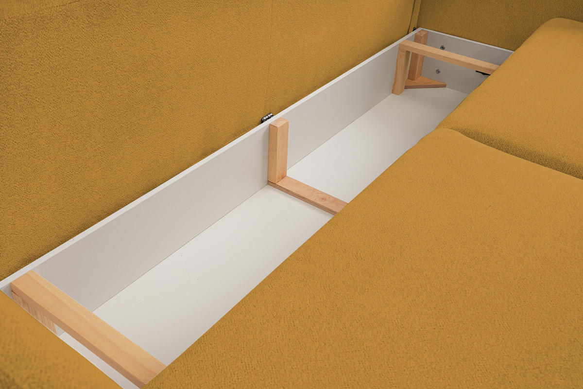 SOFA LOOP Schlaffunktion & Bettkasten PUR-Schaum Schwarze Kunststofffüße skandinavischer Stil lose Rückenkissen freistehend 234x112x86 cm Gold - Goldfarben, Holz/Textil (234/86/112cm) - DomoHome