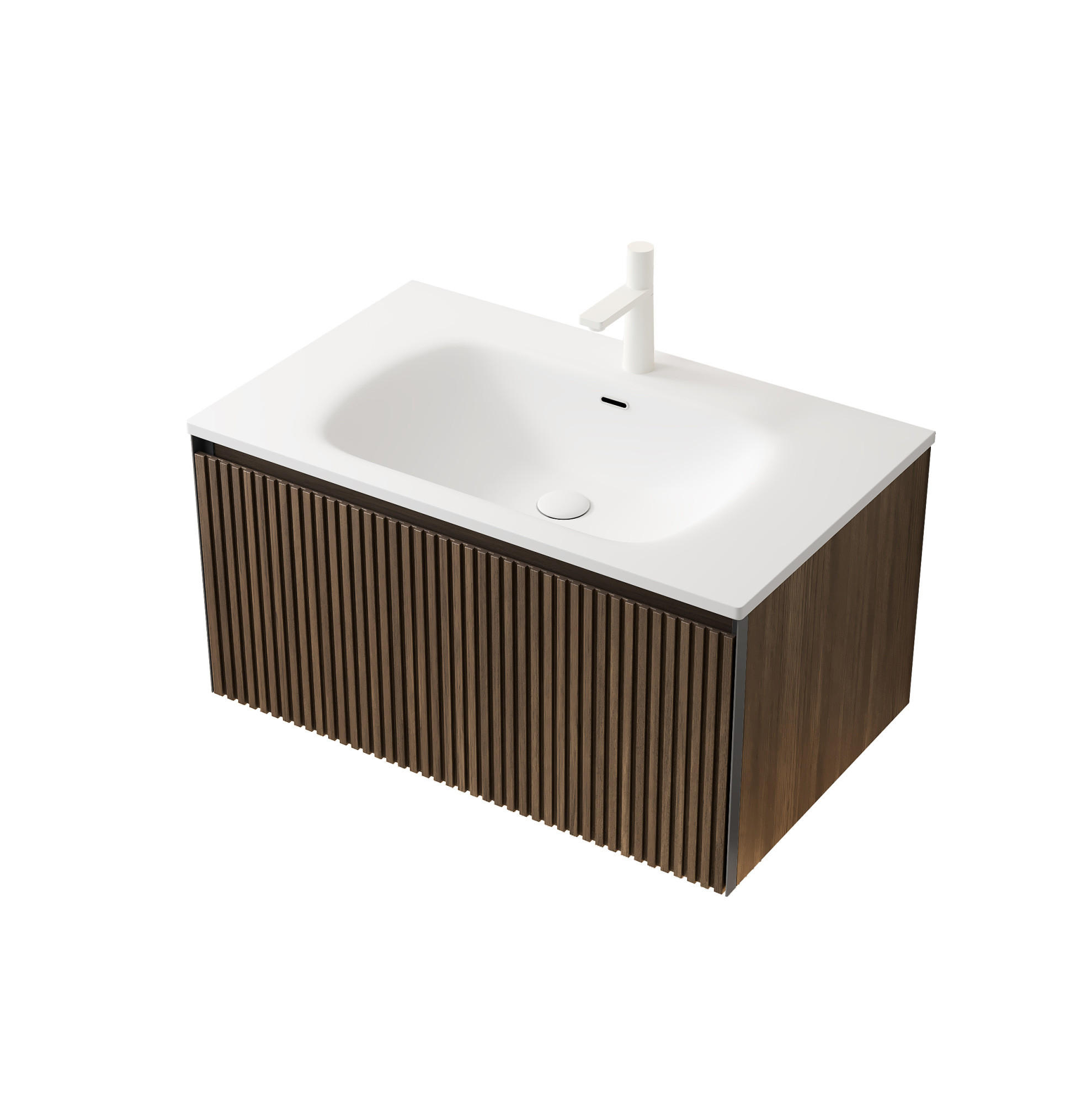 Modfu KOUPELNOVÁ skříňka s umyvadlem z keramiky 80x46x41 cm hnědý dub/bílá s zásuvkou, nástěnná a předmontovaná