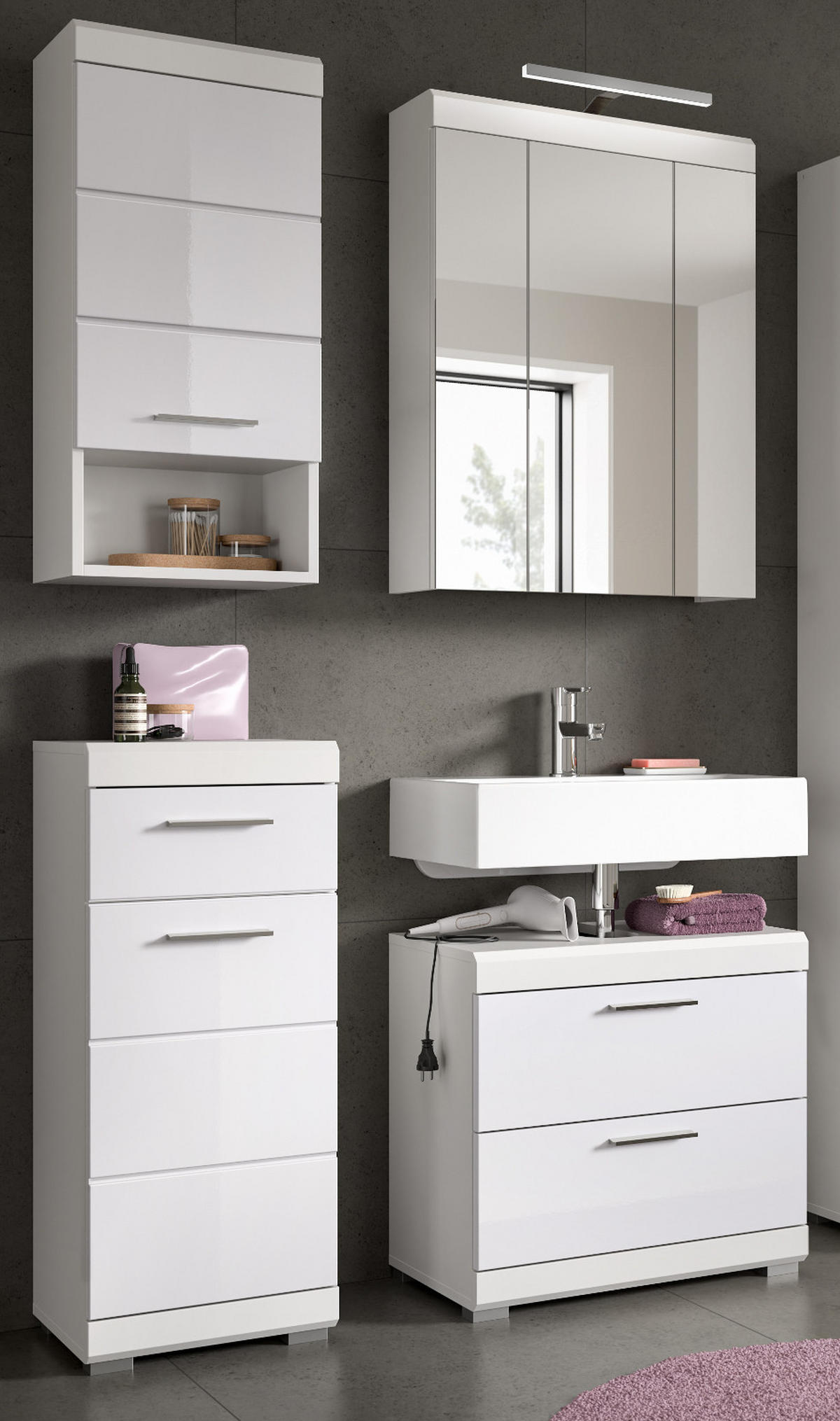BADMÖBEL-SET weiß Hochglanz 4-teilig 112 cm, Komplettset mit viel Stauraum - Weiß Hochglanz, Glas/Holzwerkstoff (112/191/37cm) - Inn.Furn