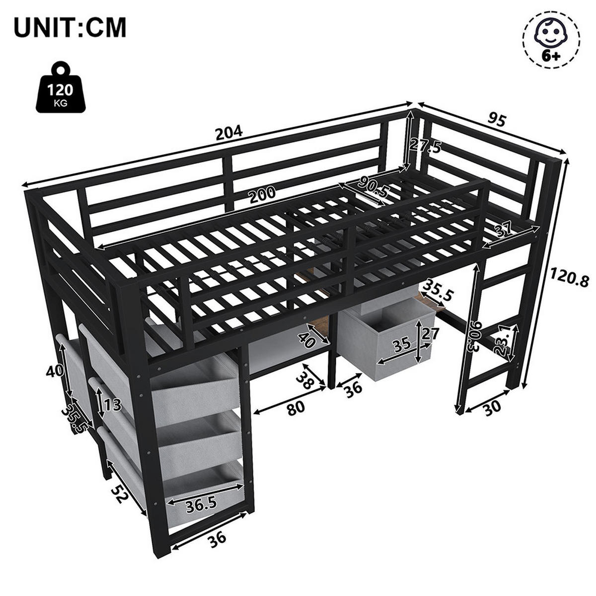 POTKROVNI KREVET 90x200 cm, metal, crni - crna, metal (90/200cm) - KOMHTOM