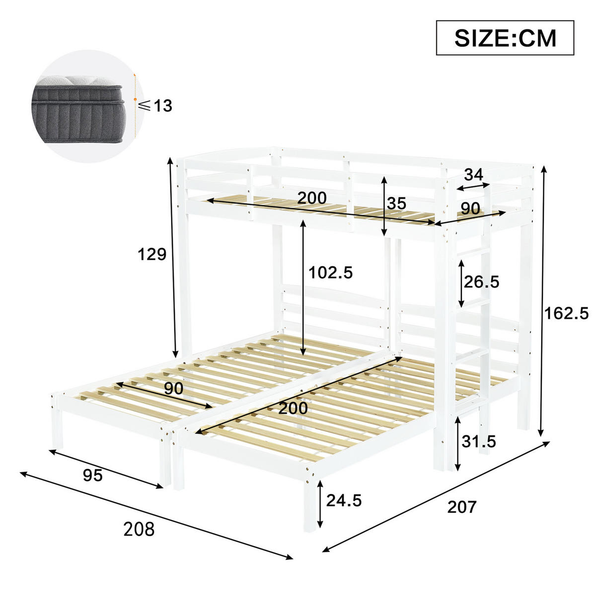 ETAGENBETT Kinderbette 90/200 cm aus Kiefer massiv mit flexibler Seitenleiter Weiß - Weiß, Holz (90/200cm) - Modenvie