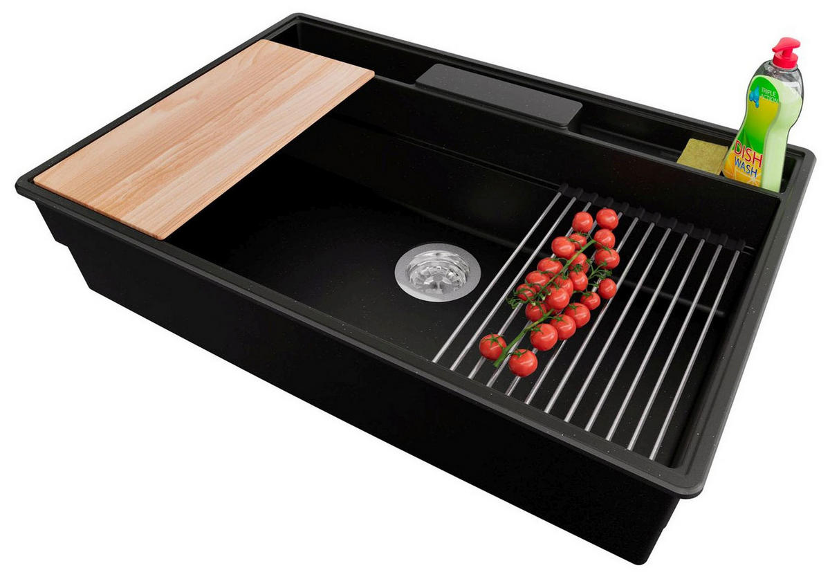 SPÜLBECKEN New York, 2-er set Schwarz Metallic 78/53 cm 1 Becken + Ablauf-Set + Küchenzubehörset ab 80er Unterschrank - Chromfarben/Schwarz Hochglanz, Kunststoff (78/20/53cm) - Primagran