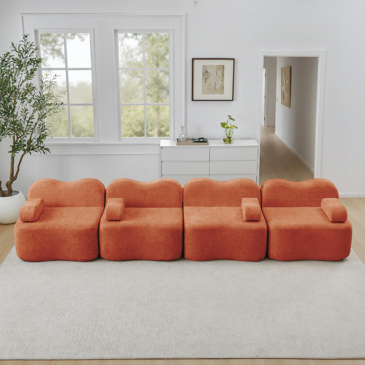 4-SITZER Sofa 384x98x70 cm aus Samtstoff rahmenlos modular, orange - Orange, Textil (98/70/384cm) - Luhomfu