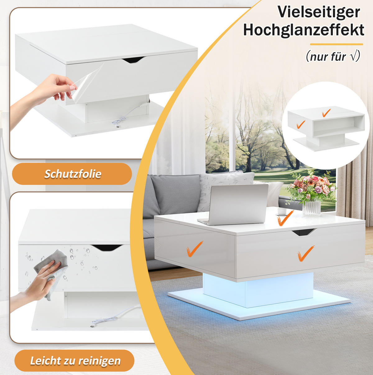 COUCHTISCH aus Spanplatte 75x53x54 cm in Weiß mit LED & anhebbarer Tischplatte - Weiß, Holzwerkstoff (75/80/40cm) - Modfu