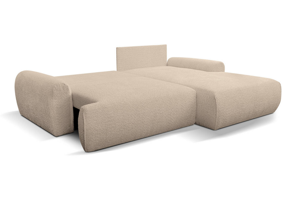 ECKSOFA Moon in L-Form mit Schlaffunktion und Bettkasten, Farbe: Hellbraun, Bouclé-Stoff, Ottomane Rechts - Hellbraun, Textil (260/136cm) - VENASI MÖBEL