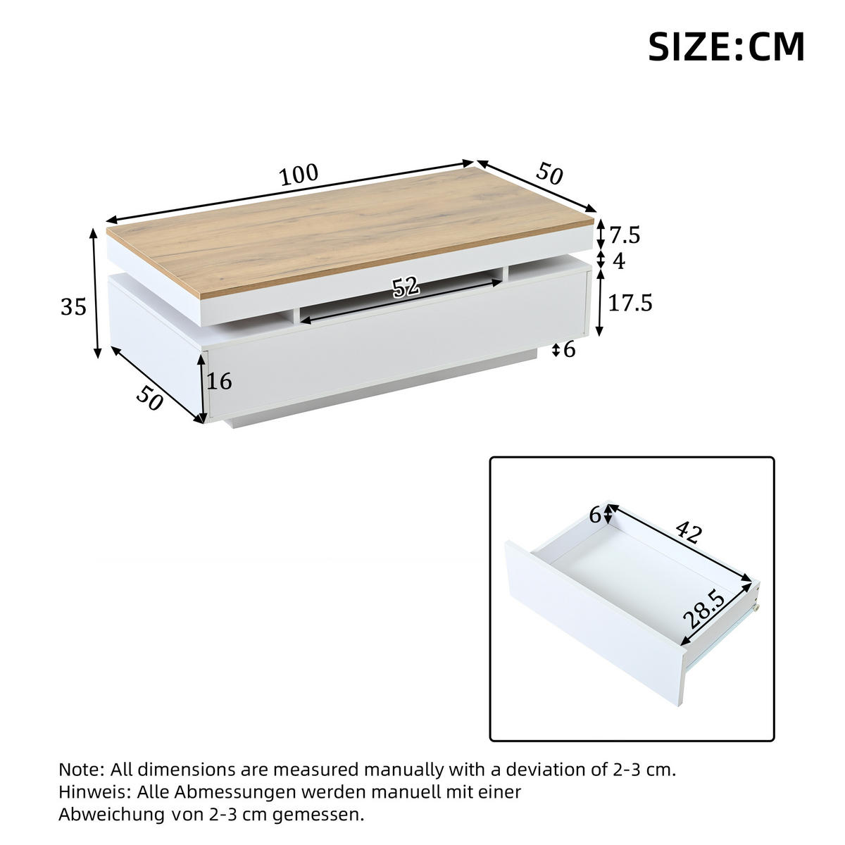 COUCHTISCH 100/50/35 cm weiß/holzfarben aus Spanplatte mit 2 Schubladen und LED-Beleuchtung - Weiß, Holzwerkstoff (100/50/35cm) - OKWISH