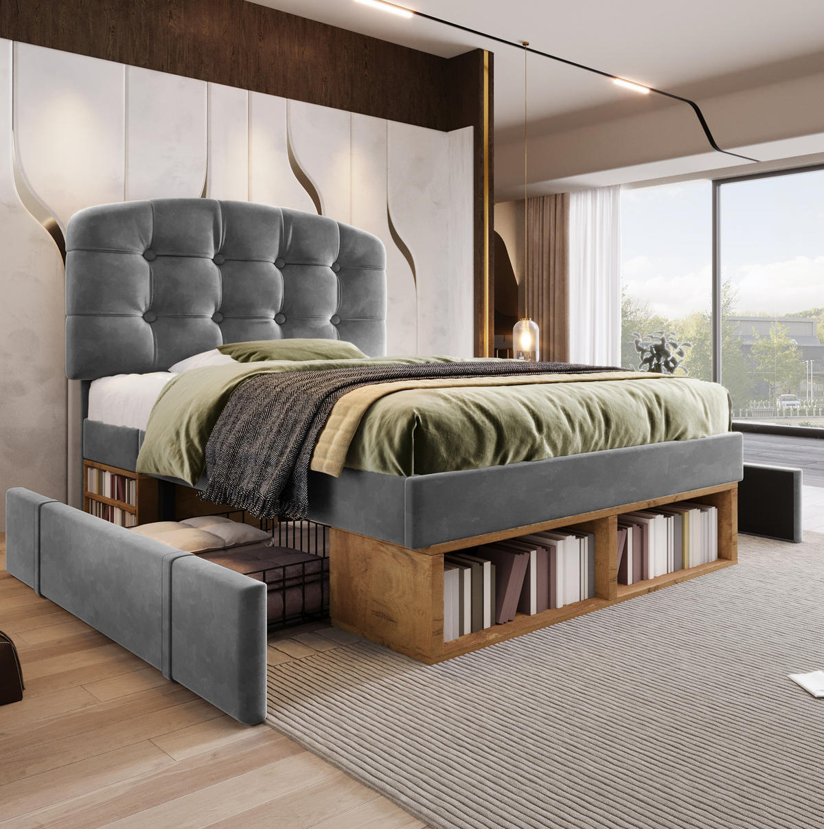 BETT mit Schubladen und Stauraum 90x200 cm Samt Grau - Grau, Metall (90/200cm) - Meubliv