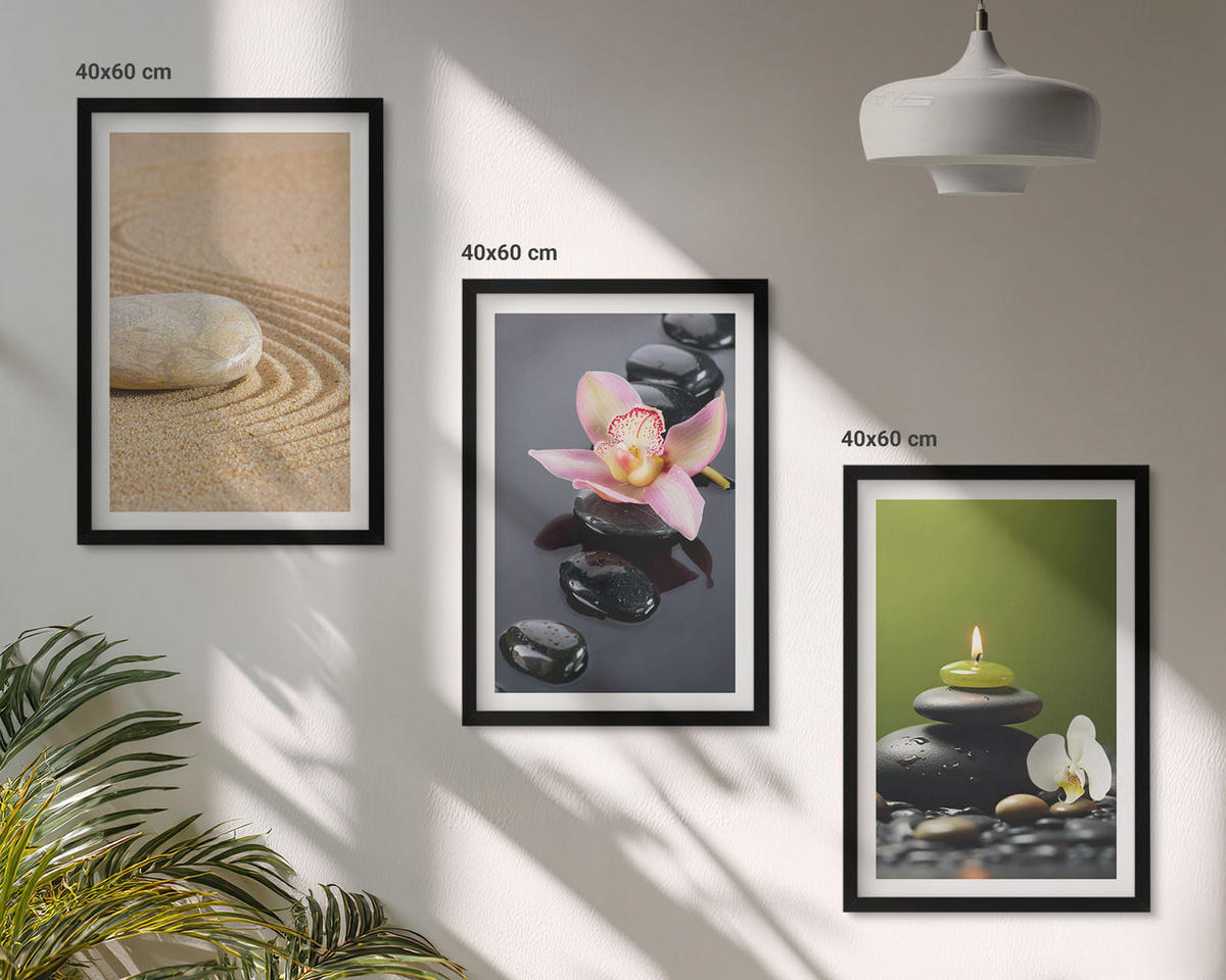 BILDER SET 3er Set - 40x60 cm Schwarzer Rahmen - Entspannende Zen-Steinmotive - Schwarz, Kunststoff (40/60cm) - TULUP