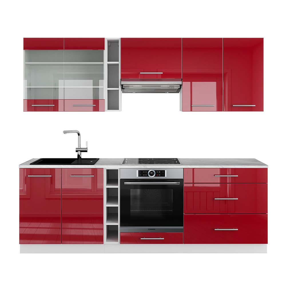 KÜCHENZEILE Fame-Line Bordeaux Hochglanz/Weiß 235 cm, AP Marmor - Bordeaux/Weiß, Holzwerkstoff (235/81.6/60cm) - Vicco