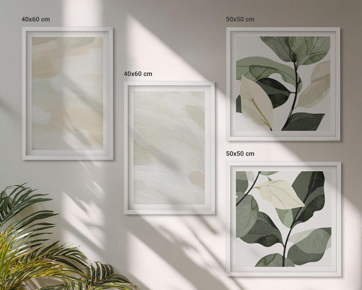 WANDBILDER 4er-Set - 50x50 cm & 40x60 cm Weißer Rahmen - Leuchtende, abstrakte Boho-Farben - Weiß, Kunststoff (50/50cm) - ArtPrintCave
