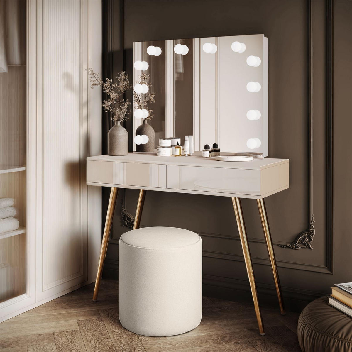 SCHMINKTISCH SIENNA GOLD ELITE auf schrägen Beinen PUSH OPEN - Kaschmir, Holzwerkstoff (100/81/42cm) - Lookway