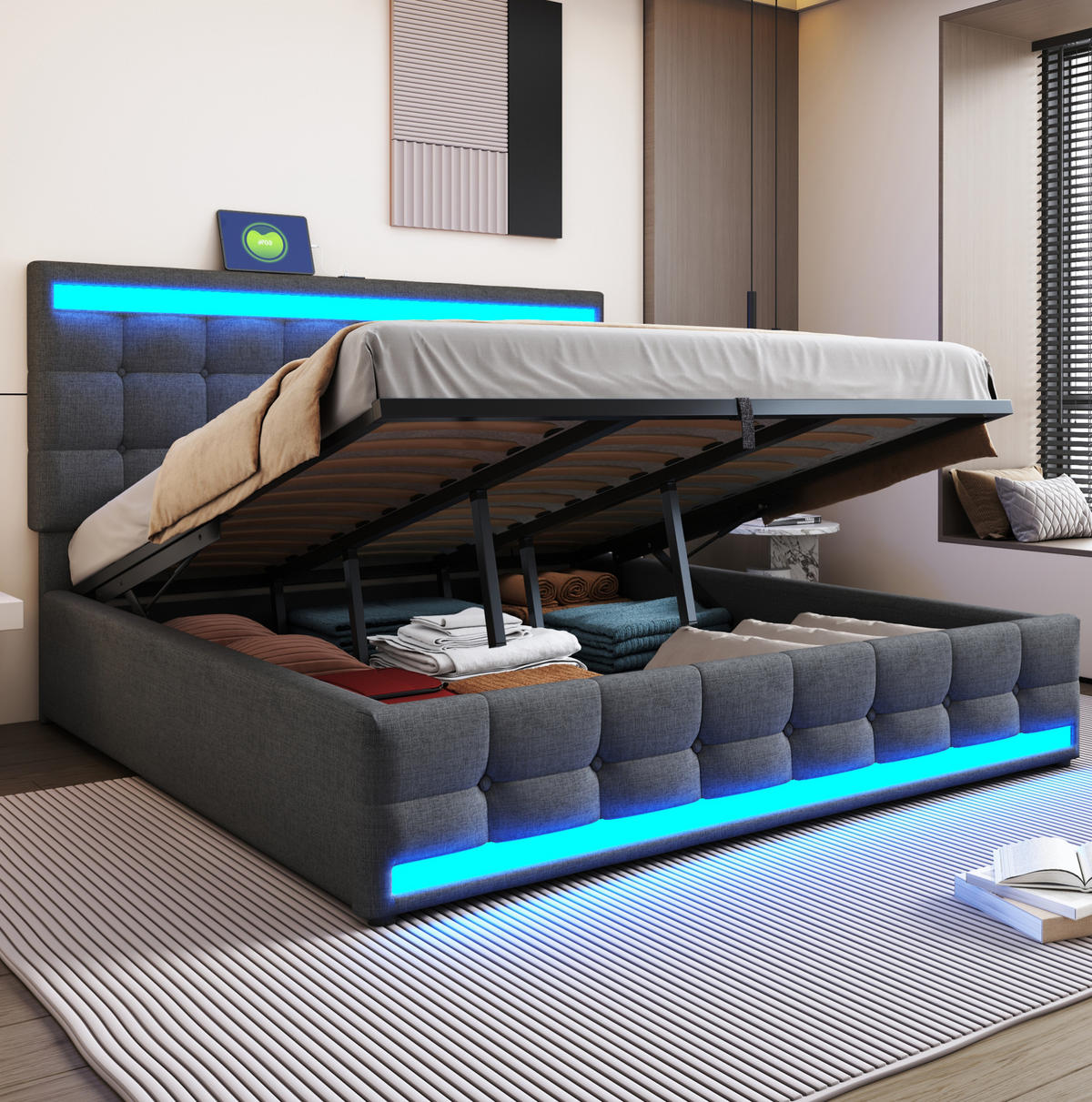 ČALOUNĚNÁ postel 180/200 cm šedá z lněné tkaniny s LED osvětlením a USB - šedá, textil (180/200cm) - OKWISH