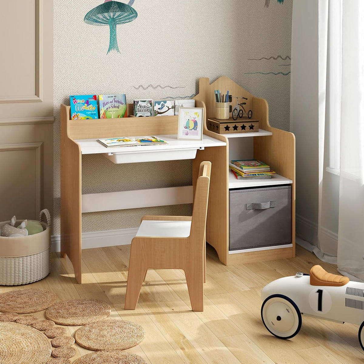 KINDERSCHREIBTISCHE mit Stühlen natur(2-tlg) - Naturfarben, Holzwerkstoff (94/76.5/50cm) - COSTWAY