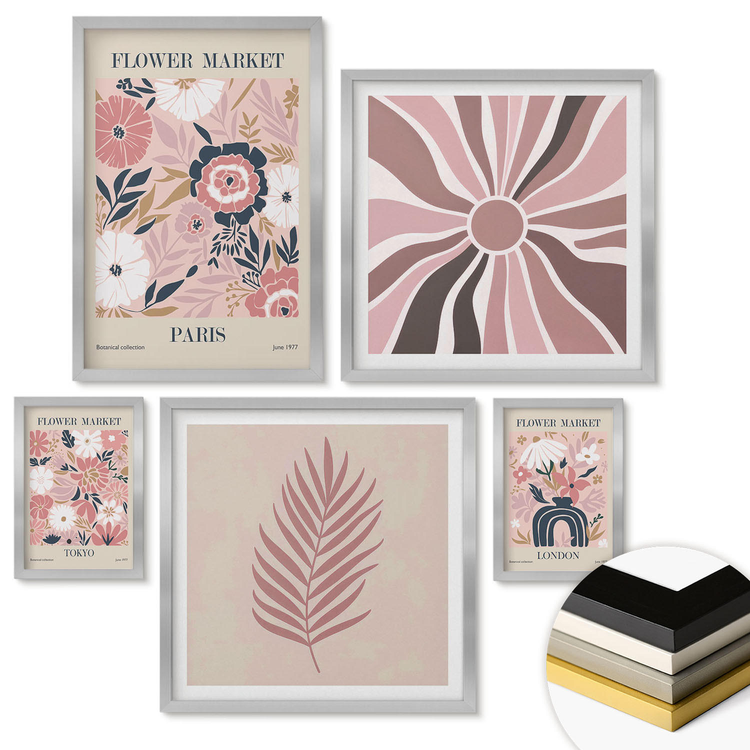 WANDBILDER 5er Set - 50x50 cm & 20x30 cm & 40x60 cm Silberner Rahmen - Blumenmuster, Blätter, Geometrie - Silberfarben, Kunststoff (40/60cm) - ArtPrintCave