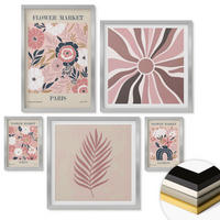 WANDBILDER 5er Set - 50x50 cm & 20x30 cm & 40x60 cm Silberner Rahmen - Blumenmuster, Blätter, Geometrie - Silberfarben, Kunststoff (40/60cm) - ArtPrintCave