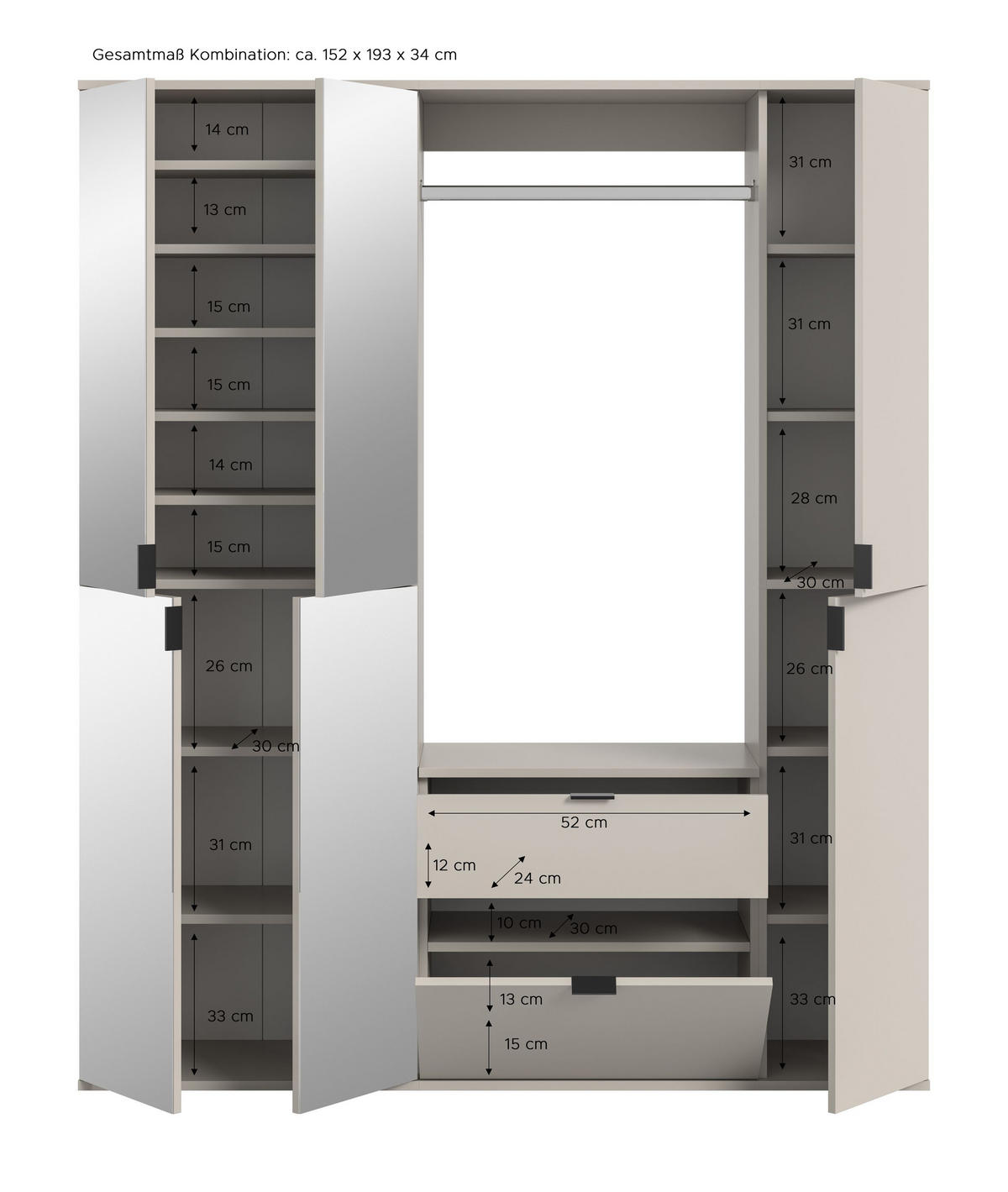 GARDEROBEN-SET PROJEKT X 3-tlg. (B/H/T: ca. 152/193/34 cm) in Kaschmir/Kaschmir - Kaschmir, Holzwerkstoff (152/193/34cm)