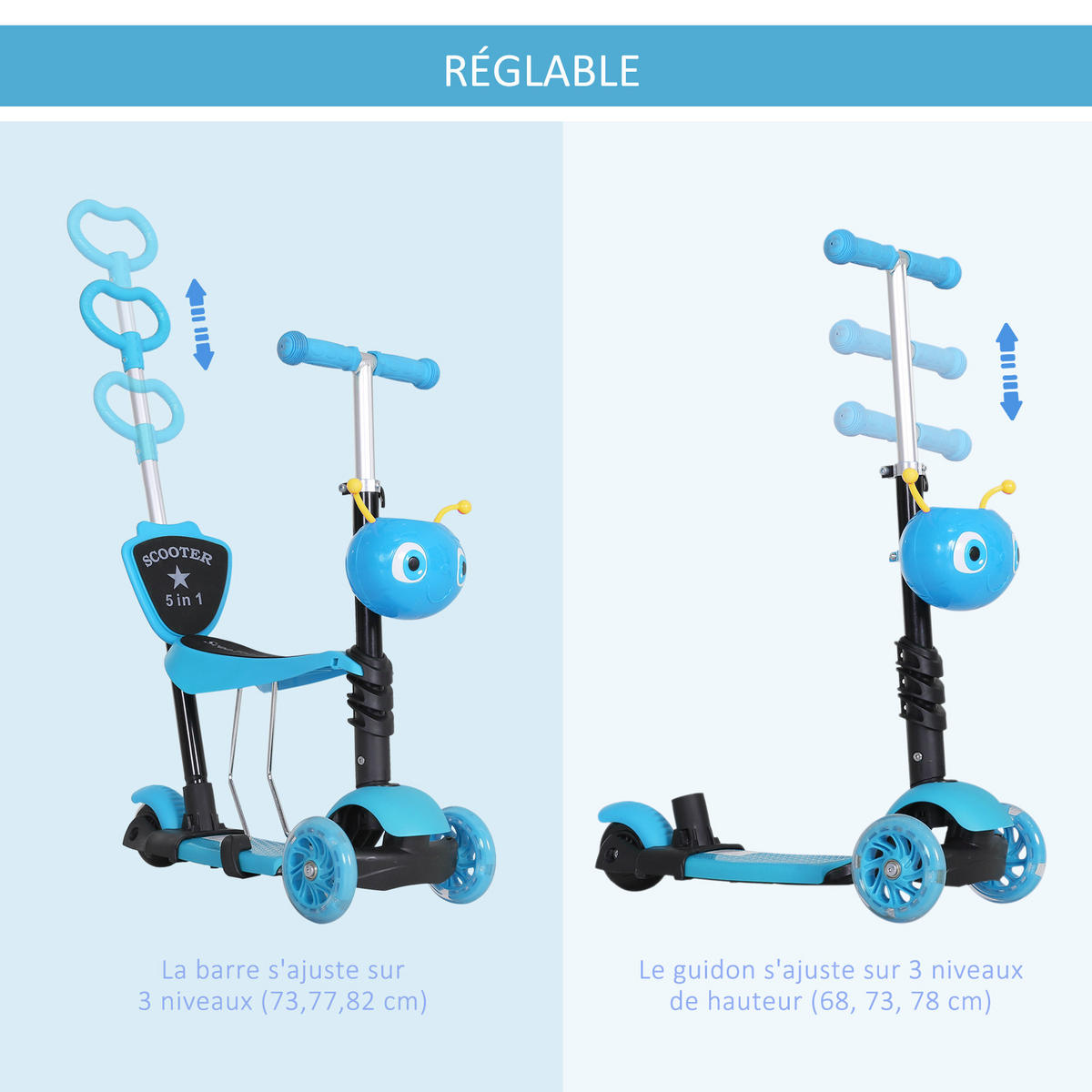 KINDERSCOOTER DE-16921 5-in-1 mit Sitz & Rückenlehne Blau - Blau, Metall (62/25/73cm) - ComfortXL