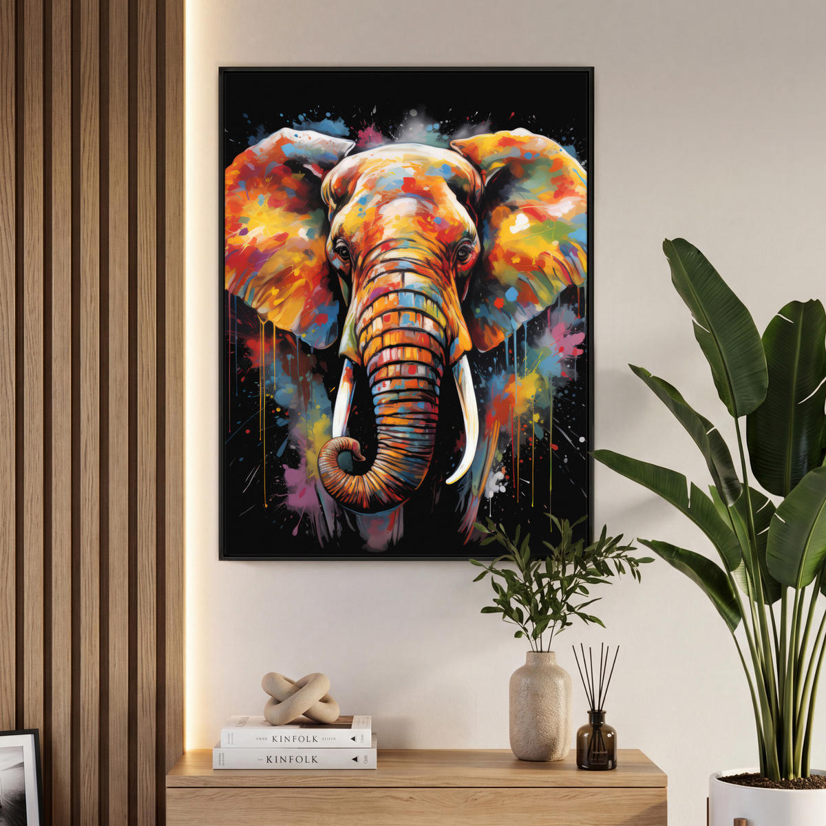 LEINWAND Bilder mit Rahmen - Elefant - Graffiti - Schwarz - Tiere - Farben - 70x100 - Schwarz, Textil (70/100cm) - MuchoWow