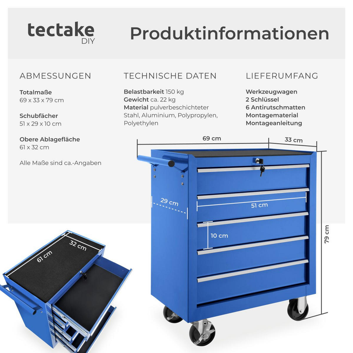 WERKZEUGWAGEN ,Rollen Ø 100 mm,blau - Blau, Metall (33/79/69cm) - tectake