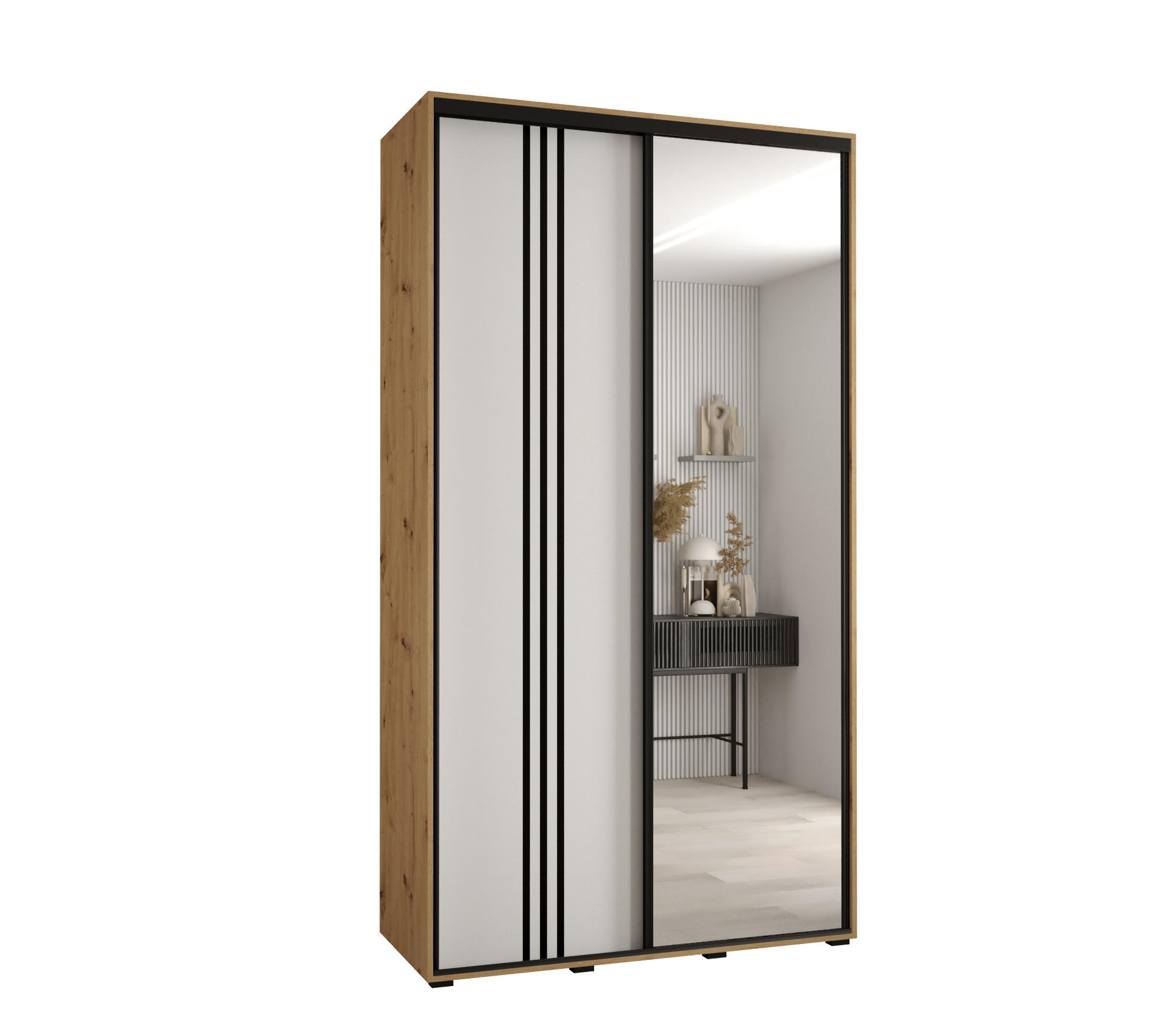 Abiks Möbel Schwebetürenschrank Eiche Artisan, Weiß, Schwarz 130x235x45 cm