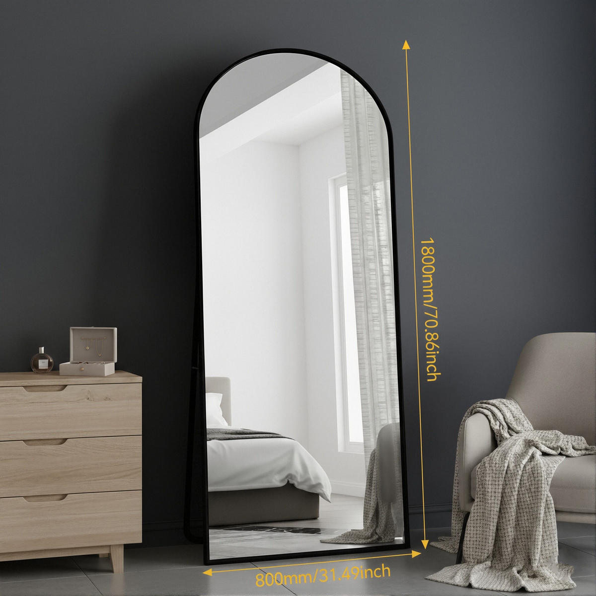 GANZKÖRPERSPIEGEL Bogen-Design mit U-Standfuß & Aluminiumrahmen 180/80 cm Schwarz - Schwarz, Glas/Metall (80/180/3cm) - Creahappy