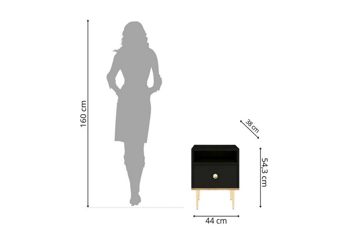 NACHTTISCH Harmoni, Schwarz, Eiche, Goldene Details - Goldfarben/Schwarz, Holzwerkstoff/Metall (44/54/38cm) - Skandica