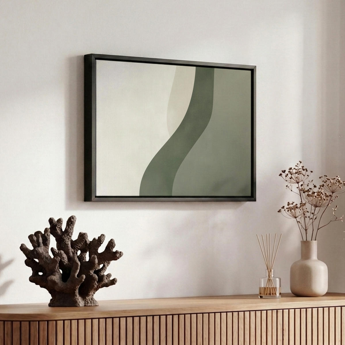 LEINWAND Bilder mit Rahmen - Japandi - Grün - Abstrakt - Modern - 30x20 - Salbeigrün, Textil (30/20cm) - MuchoWow