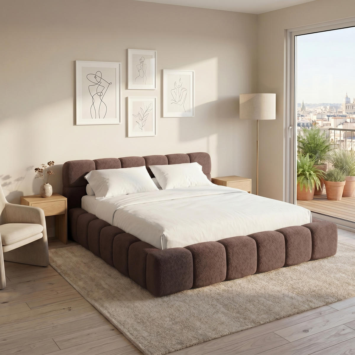 POLSTERBETT AMITY 140x200 cm in Terrakotta, gepolstertes Kopfteil, Lattenrost, Bettkasten, Bouclé-Stoff - Terracotta/Naturfarben, Holz/Textil (140/200cm) - Muffo