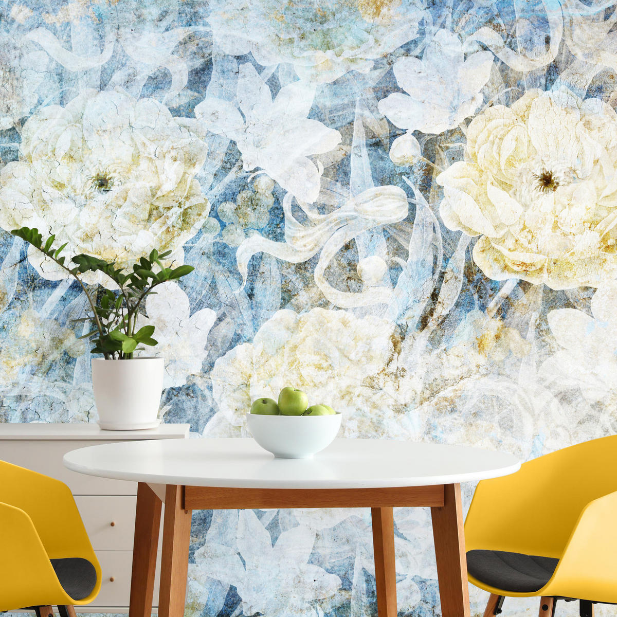 FOTOTAPETE Blumen Abstraktion Vintage Stil 450x315 - Blau/Gelb, Papier (450/315cm) - Muralo