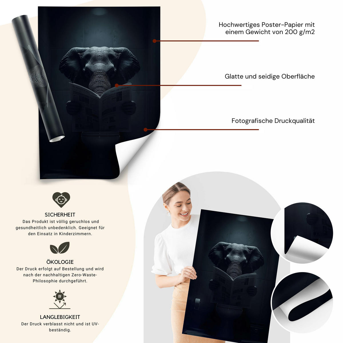 POSTER für WC Badezimmer ELEFANT mit Zeitung Abstraktion 30x40cm - Schwarz/Grau, Papier (30/40/40cm) - Muralo