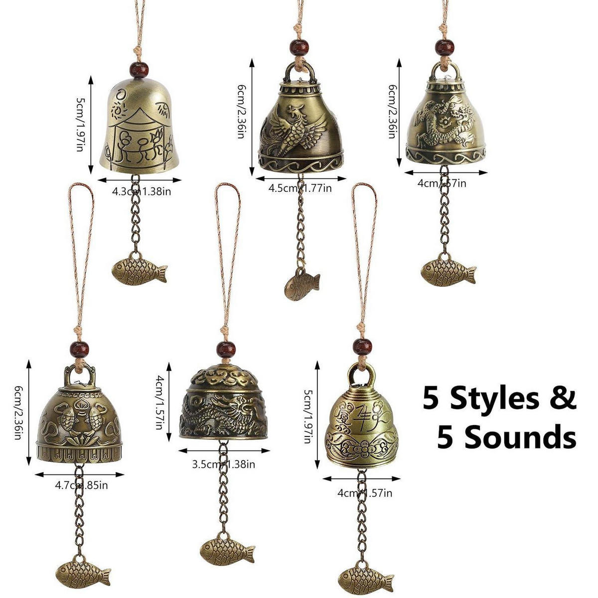 WINDSPIEL 6-teiliges Set Feng Shui Glocken - Bronzefarben, Metall (6/4.7/4cm)
