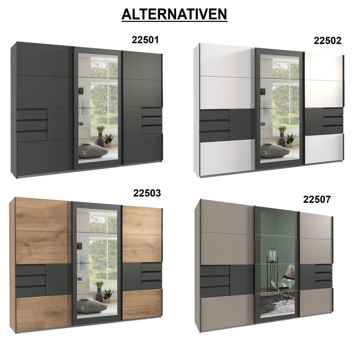 SCHWEBETÜRENSCHRANK 3-türig mit Spiegel, Schubladen, Vollausstattung in Grafit, B270/H208/64 cm / 22501 - Schwarz/Graphitfarben, Holzwerkstoff/Metall (270/208/64cm) - luma-home