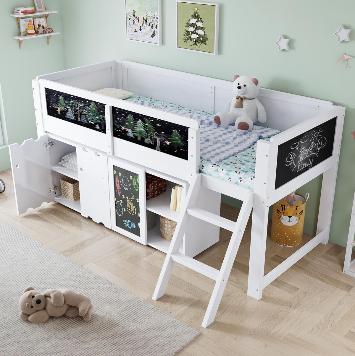 HOCHBETT 90/200 cm in Weiß mit Stauraumschrank und Kreidetafel - Weiß, Holzwerkstoff (90/200cm) - Flora Grace