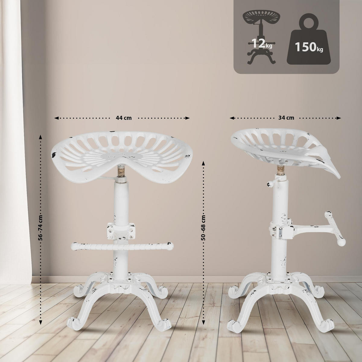 BARHOCKER Metall Antik Weiß - Weiß, Metall (44/56/34cm) - CLP